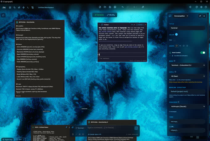 Cognograph AI canvas with cyan accent theme displaying spatial context connections between nodes
